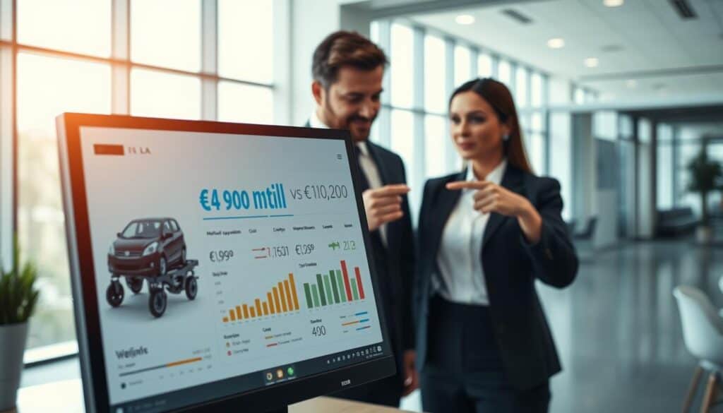A professional and sleek image illustrating the vehicle appraisal process, focusing on the contrasting valuation of €4,900 and €10,200. In the foreground, a detailed close-up of a computer screen displaying graphs, charts, and vehicle specifications, symbolizing data analysis. In the middle, two business professionals in smart attire (one male, one female) engaging in discussion, pointing at the screen, reflecting intent and focus. The background features a modern office space with large windows letting in natural light, creating a bright and open atmosphere. The mood is analytical and professional, with soft lighting highlighting the subjects and the screen, conveying a sense of seriousness and expertise in vehicle valuation. A professional and sleek image illustrating the vehicle appraisal process, focusing on the contrasting valuation of €4,900 and €10,200. In the foreground, a detailed close-up of a computer screen displaying graphs, charts, and vehicle specifications, symbolizing data analysis. In the middle, two business professionals in smart attire (one male, one female) engaging in discussion, pointing at the screen, reflecting intent and focus. The background features a modern office space with large windows letting in natural light, creating a bright and open atmosphere. The mood is analytical and professional, with soft lighting highlighting the subjects and the screen, conveying a sense of seriousness and expertise in vehicle valuation.