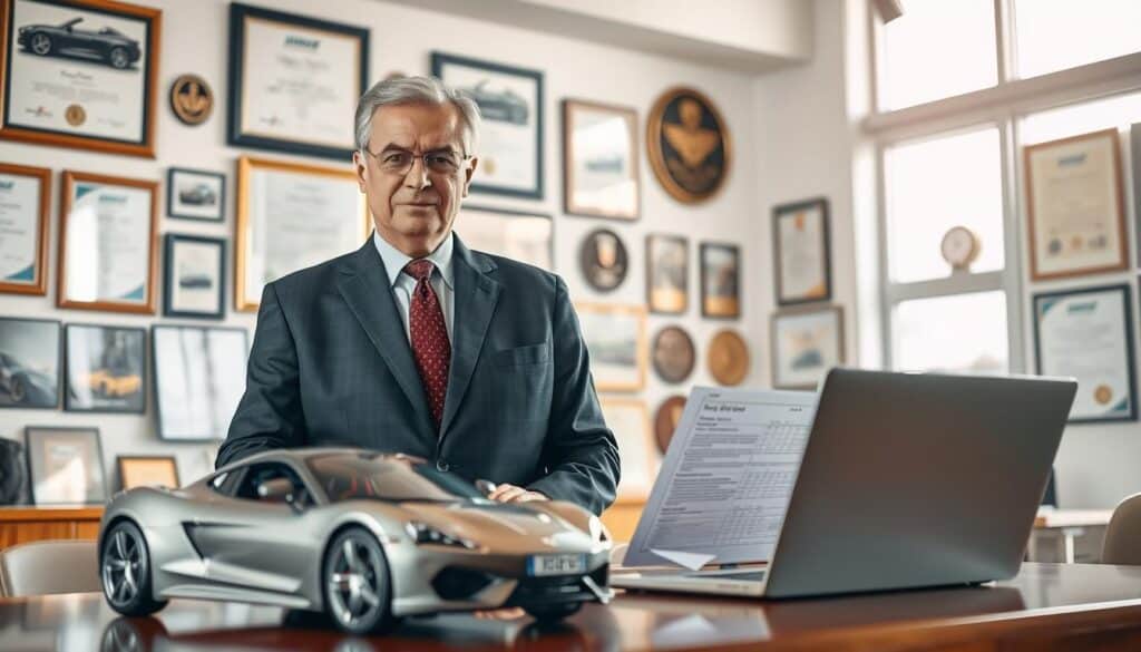 A professional automotive appraiser, depicted as a middle-aged man in a smart business suit, stands confidently in an office filled with automotive memorabilia. The foreground features a sleek, luxury car model on a polished wooden desk, symbolizing high-quality vehicle valuation. In the middle ground, large, framed certificates and awards adorn the walls, illustrating the expert's credentials. The background showcases a large window with natural sunlight streaming in, creating a warm, welcoming atmosphere. Use a slightly elevated angle to capture the appraiser's focused expression while engaging with a laptop displaying detailed valuation reports. The lighting is soft yet bright, enhancing the sense of professionalism and expertise in the setting, evoking trust and reassurance in quality service evaluation. A professional automotive appraiser, depicted as a middle-aged man in a smart business suit, stands confidently in an office filled with automotive memorabilia. The foreground features a sleek, luxury car model on a polished wooden desk, symbolizing high-quality vehicle valuation. In the middle ground, large, framed certificates and awards adorn the walls, illustrating the expert's credentials. The background showcases a large window with natural sunlight streaming in, creating a warm, welcoming atmosphere. Use a slightly elevated angle to capture the appraiser's focused expression while engaging with a laptop displaying detailed valuation reports. The lighting is soft yet bright, enhancing the sense of professionalism and expertise in the setting, evoking trust and reassurance in quality service evaluation.