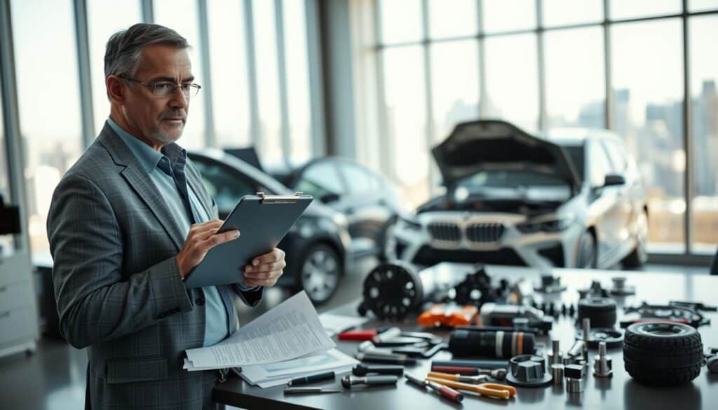 A professional automotive appraiser, dressed in business attire, examines a vehicle in a well-lit, modern office setting. In the foreground, there is a detailed shot of the appraiser, a middle-aged man with a focused expression, holding a clipboard and a digital tablet, surrounded by paperwork and automotive tools. In the middle ground, various car parts and documents are organized on a sleek desk, emphasizing the precision of the appraisal process. The background features a large window with soft, natural light streaming in, illuminating a cityscape. The overall atmosphere is one of professionalism and expertise, reflecting a serious mood suitable for making important financial assessments. The image should be captured with a slight depth of field to emphasize the appraiser while slightly blurring the desk items. A professional automotive appraiser, dressed in business attire, examines a vehicle in a well-lit, modern office setting. In the foreground, there is a detailed shot of the appraiser, a middle-aged man with a focused expression, holding a clipboard and a digital tablet, surrounded by paperwork and automotive tools. In the middle ground, various car parts and documents are organized on a sleek desk, emphasizing the precision of the appraisal process. The background features a large window with soft, natural light streaming in, illuminating a cityscape. The overall atmosphere is one of professionalism and expertise, reflecting a serious mood suitable for making important financial assessments. The image should be captured with a slight depth of field to emphasize the appraiser while slightly blurring the desk items.