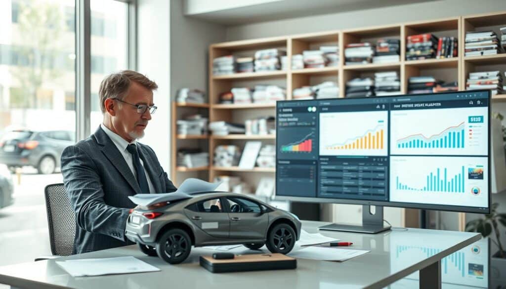 A professional automotive appraiser in a modern, well-lit office setting, engaged in evaluating a vehicle's condition. In the foreground, the appraiser, a middle-aged Caucasian man in a tailored suit, meticulously inspects a car model on a sleek desk, surrounded by detailed reports and a computer. In the middle ground, a large monitor displays analytical data and graphs related to vehicle valuation. The background features shelves filled with automotive manuals and a window showing a busy street, subtly indicating the industry context. Soft, natural lighting filters through the window, creating a focused yet inviting atmosphere. The scene captures the meticulous and systematic approach of MOTOEXPERT in valuation methodology, highlighting professionalism and expertise. A professional automotive appraiser in a modern, well-lit office setting, engaged in evaluating a vehicle's condition. In the foreground, the appraiser, a middle-aged Caucasian man in a tailored suit, meticulously inspects a car model on a sleek desk, surrounded by detailed reports and a computer. In the middle ground, a large monitor displays analytical data and graphs related to vehicle valuation. The background features shelves filled with automotive manuals and a window showing a busy street, subtly indicating the industry context. Soft, natural lighting filters through the window, creating a focused yet inviting atmosphere. The scene captures the meticulous and systematic approach of MOTOEXPERT in valuation methodology, highlighting professionalism and expertise.