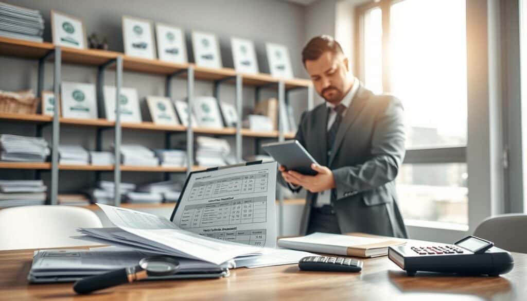 A professional automotive appraiser (rzeczoznawca) standing confidently in a well-lit office environment, analyzing a detailed vehicle valuation report. The foreground features the appraiser, dressed in smart business attire, holding a tablet displaying vehicle data. The middle layer includes a modern desk with tools of the trade, including a vehicle condition assessment booklet, a magnifying glass, and a calculator. In the background, soft-focus shelves filled with automotive manuals and certificates create a scholarly atmosphere. Natural light filters through a large window, casting a warm glow, enhancing the ambiance of focus and professionalism. The overall mood conveys thoroughness and reliability, emphasizing the importance of accurate vehicle appraisal in risk analysis. A professional automotive appraiser (rzeczoznawca) standing confidently in a well-lit office environment, analyzing a detailed vehicle valuation report. The foreground features the appraiser, dressed in smart business attire, holding a tablet displaying vehicle data. The middle layer includes a modern desk with tools of the trade, including a vehicle condition assessment booklet, a magnifying glass, and a calculator. In the background, soft-focus shelves filled with automotive manuals and certificates create a scholarly atmosphere. Natural light filters through a large window, casting a warm glow, enhancing the ambiance of focus and professionalism. The overall mood conveys thoroughness and reliability, emphasizing the importance of accurate vehicle appraisal in risk analysis.