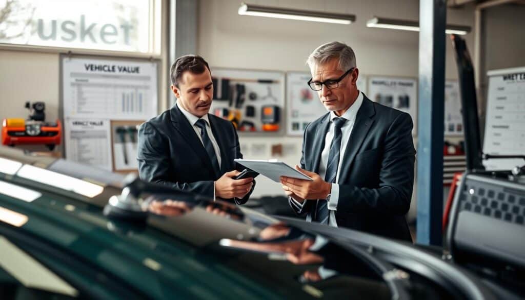 A professional automotive appraiser, wearing a smart business suit, is closely inspecting a car in a well-lit garage. The foreground features detailed views of the vehicle, showcasing its polished exterior and interior features. In the middle ground, the appraiser is taking notes on a clipboard while using a digital tool, highlighting the process of vehicle evaluation. The background displays an organized workspace with automotive tools, charts on vehicle value, and a large window letting in natural light that enhances the analytical atmosphere. The mood is serious and professional, underlining the importance of accurate assessments in automotive valuation. The camera angle is slightly elevated, capturing both the appraiser and the car effectively. A professional automotive appraiser, wearing a smart business suit, is closely inspecting a car in a well-lit garage. The foreground features detailed views of the vehicle, showcasing its polished exterior and interior features. In the middle ground, the appraiser is taking notes on a clipboard while using a digital tool, highlighting the process of vehicle evaluation. The background displays an organized workspace with automotive tools, charts on vehicle value, and a large window letting in natural light that enhances the analytical atmosphere. The mood is serious and professional, underlining the importance of accurate assessments in automotive valuation. The camera angle is slightly elevated, capturing both the appraiser and the car effectively.