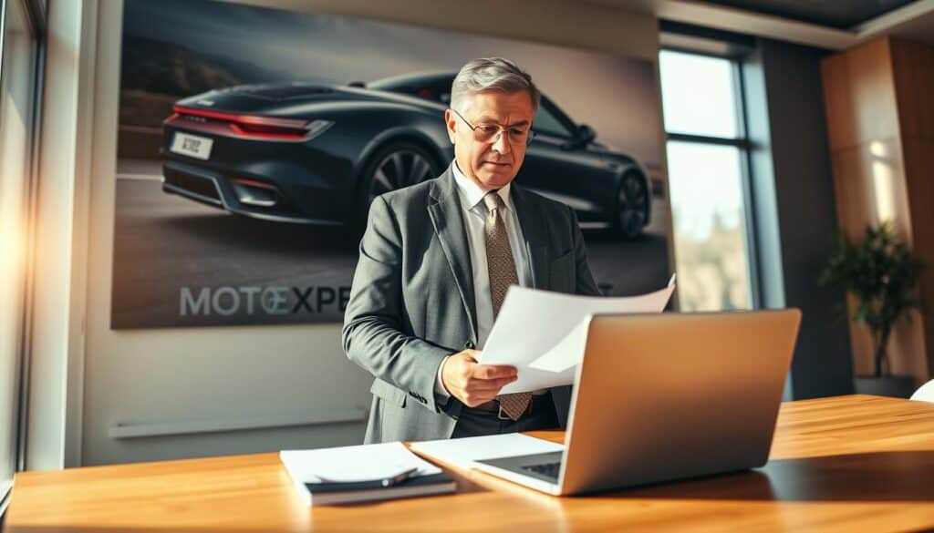 A professional automotive expert, depicted as a middle-aged man in a smart business suit, is standing confidently in a modern office environment. He is reviewing car valuation documents on a sleek wooden desk with a laptop open beside him. The warm sunlight filters through large windows, casting a soft glow across the room, emphasizing the seriousness of his work. Behind him, a large poster of a luxury car is displayed on the wall, highlighting the automotive theme. The camera angle is slightly angled from a low perspective, focusing on the expert with the background artfully blurred. The mood is one of professionalism and competence, reflecting the expertise of "MOTOEXPERT" in vehicle valuation. A professional automotive expert, depicted as a middle-aged man in a smart business suit, is standing confidently in a modern office environment. He is reviewing car valuation documents on a sleek wooden desk with a laptop open beside him. The warm sunlight filters through large windows, casting a soft glow across the room, emphasizing the seriousness of his work. Behind him, a large poster of a luxury car is displayed on the wall, highlighting the automotive theme. The camera angle is slightly angled from a low perspective, focusing on the expert with the background artfully blurred. The mood is one of professionalism and competence, reflecting the expertise of "MOTOEXPERT" in vehicle valuation.