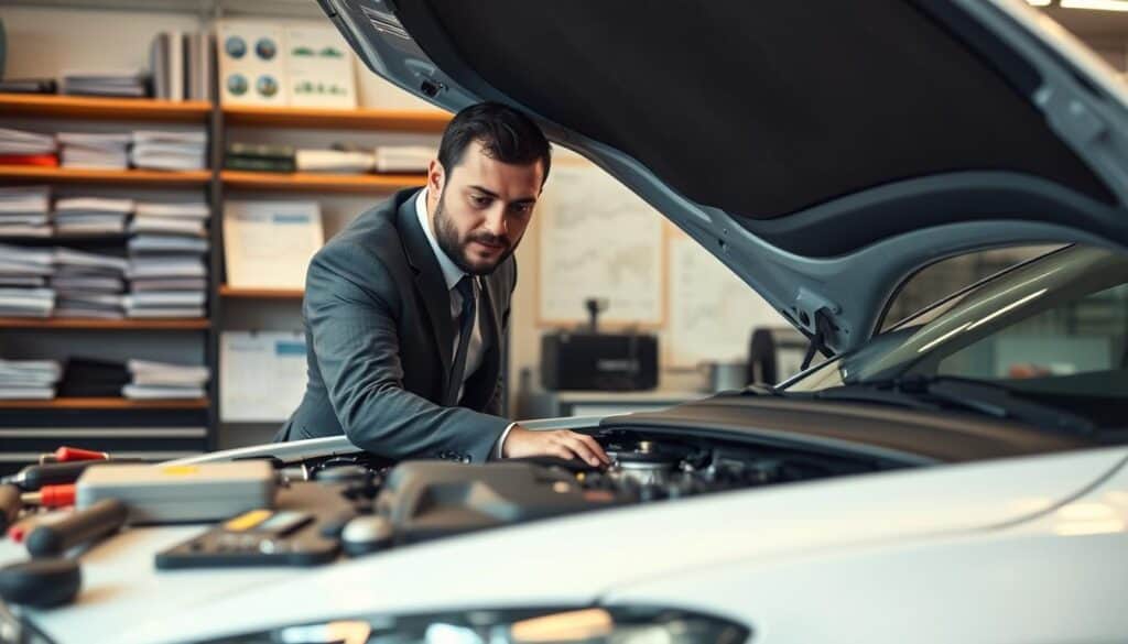 A professional automotive expert in a business suit, examining a car's engine compartment with a focused expression. In the foreground, a well-lit garage setting reveals tools and diagnostic equipment neatly arranged on a workbench. The middle ground features the car, a modern vehicle, with its hood raised, showcasing the engine. In the background, there are shelves filled with automotive manuals and charts, enhancing the context of vehicle valuation. Soft, warm lighting gives an inviting feel, and the angle is slightly tilted downwards to emphasize the expert's detailed work. The atmosphere is serious yet collaborative, embodying the practical aspect of automotive evaluations. The image should be clean and devoid of any text or overlays. A professional automotive expert in a business suit, examining a car's engine compartment with a focused expression. In the foreground, a well-lit garage setting reveals tools and diagnostic equipment neatly arranged on a workbench. The middle ground features the car, a modern vehicle, with its hood raised, showcasing the engine. In the background, there are shelves filled with automotive manuals and charts, enhancing the context of vehicle valuation. Soft, warm lighting gives an inviting feel, and the angle is slightly tilted downwards to emphasize the expert's detailed work. The atmosphere is serious yet collaborative, embodying the practical aspect of automotive evaluations. The image should be clean and devoid of any text or overlays.