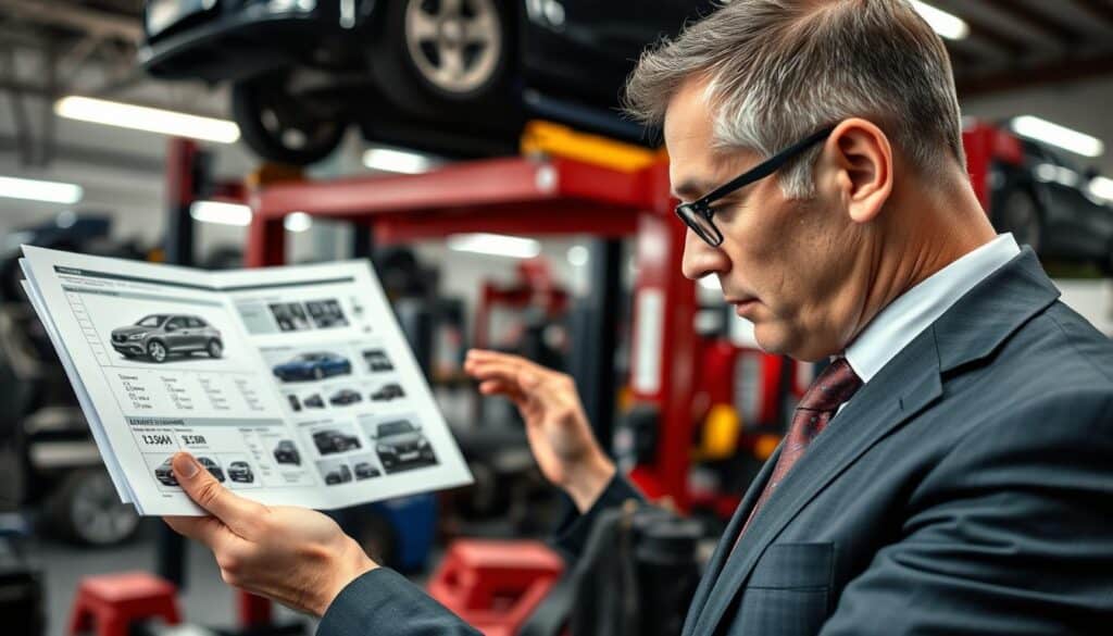 A professional automotive expert reviewing a detailed vehicle assessment report for a model priced at 13,500 EUR, surrounded by relevant car parts and tools. In the foreground, the expert, dressed in smart business attire, is intently focused on the report, which features various data points and images of the vehicle. The setting is a well-organized workshop with detailed automotive equipment in the background, including a car lift and diagnostic tools, under bright, focused lighting to emphasize the meticulous nature of the valuation process. The mood is serious and professional, reflecting the importance of accurate vehicle appraisals in the automotive industry. A professional automotive expert reviewing a detailed vehicle assessment report for a model priced at 13,500 EUR, surrounded by relevant car parts and tools. In the foreground, the expert, dressed in smart business attire, is intently focused on the report, which features various data points and images of the vehicle. The setting is a well-organized workshop with detailed automotive equipment in the background, including a car lift and diagnostic tools, under bright, focused lighting to emphasize the meticulous nature of the valuation process. The mood is serious and professional, reflecting the importance of accurate vehicle appraisals in the automotive industry.