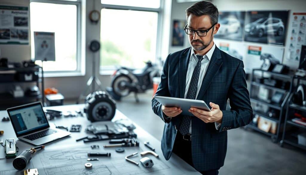 A professional automotive expert, the "Rzeczoznawca MOTOEXPERT," stands in an office environment filled with vehicle parts and technical equipment. The foreground features a well-dressed male consultant examining vehicle damages on a digital tablet, wearing a crisp business suit and glasses. In the middle ground, there's a large desk cluttered with vehicle blueprints, assessment tools, and a laptop displaying technical data. The background features a window with natural light streaming in, illuminating automotive posters and certifications on the walls. The mood is serious and focused, reflecting a high level of professionalism and expertise in vehicle evaluation. The composition is well-balanced, utilizing a shallow depth of field to emphasize the consultant's meticulous attention to detail. A professional automotive expert, the "Rzeczoznawca MOTOEXPERT," stands in an office environment filled with vehicle parts and technical equipment. The foreground features a well-dressed male consultant examining vehicle damages on a digital tablet, wearing a crisp business suit and glasses. In the middle ground, there's a large desk cluttered with vehicle blueprints, assessment tools, and a laptop displaying technical data. The background features a window with natural light streaming in, illuminating automotive posters and certifications on the walls. The mood is serious and focused, reflecting a high level of professionalism and expertise in vehicle evaluation. The composition is well-balanced, utilizing a shallow depth of field to emphasize the consultant's meticulous attention to detail.