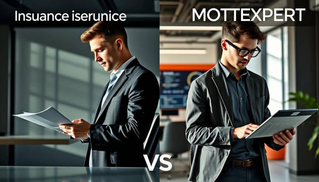 A professional comparison scene between insurance services, featuring a split view. On the left, a sleek office environment representing traditional insurance services, with a business professional in formal attire reviewing documents, looking thoughtful. On the right, a modern, tech-savvy workspace showcasing MOTOEXPERT, with a young entrepreneur in smart-casual clothing engaging with a digital interface, displaying data analytics. The background blends elements of both worlds, with contrasting colors – muted tones for the insurance side and vibrant hues for MOTOEXPERT. Soft, natural lighting highlights the figures, creating a balanced atmosphere that conveys professionalism and innovation. The overall mood is analytical and forward-thinking, emphasizing the key differences in their offerings. A professional comparison scene between insurance services, featuring a split view. On the left, a sleek office environment representing traditional insurance services, with a business professional in formal attire reviewing documents, looking thoughtful. On the right, a modern, tech-savvy workspace showcasing MOTOEXPERT, with a young entrepreneur in smart-casual clothing engaging with a digital interface, displaying data analytics. The background blends elements of both worlds, with contrasting colors – muted tones for the insurance side and vibrant hues for MOTOEXPERT. Soft, natural lighting highlights the figures, creating a balanced atmosphere that conveys professionalism and innovation. The overall mood is analytical and forward-thinking, emphasizing the key differences in their offerings.