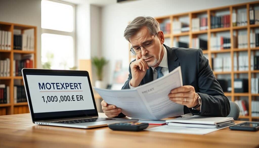 A professional financial expert analyzing an evaluation report for a vehicle, specifically focusing on a high-value assessment of 12,000 EUR from MOTOEXPERT. In the foreground, depict a neatly arranged desk with a laptop displaying the MOTOEXPERT logo, papers, and a calculator. The middle ground should feature the expert, a middle-aged man in a crisp business suit, intensely reviewing the documents with a thoughtful expression. In the background, an office setting with shelves full of books on finance and insurance, and a large window letting in natural light, creating a bright and focused atmosphere. Use a shallow depth of field to emphasize the expert while softly blurring the background. The mood should convey professionalism and diligence with warm lighting. A professional financial expert analyzing an evaluation report for a vehicle, specifically focusing on a high-value assessment of 12,000 EUR from MOTOEXPERT. In the foreground, depict a neatly arranged desk with a laptop displaying the MOTOEXPERT logo, papers, and a calculator. The middle ground should feature the expert, a middle-aged man in a crisp business suit, intensely reviewing the documents with a thoughtful expression. In the background, an office setting with shelves full of books on finance and insurance, and a large window letting in natural light, creating a bright and focused atmosphere. Use a shallow depth of field to emphasize the expert while softly blurring the background. The mood should convey professionalism and diligence with warm lighting.