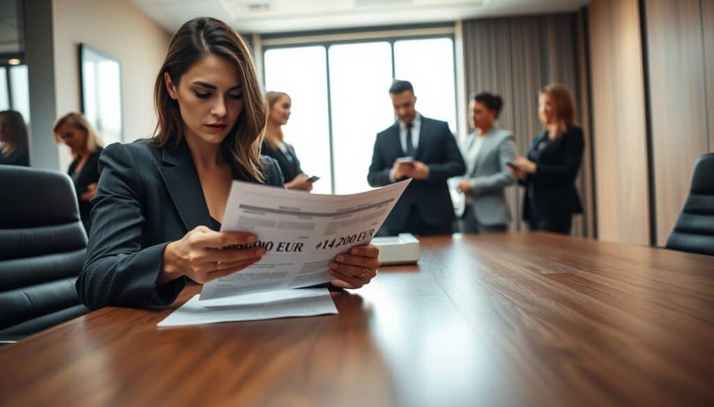 A professional-looking office setting with a sleek wooden conference table at the center. In the foreground, a businesswoman in a tailored suit is analyzing two documents with contrasting figures: one labeled "6,800 EUR" and the other "14,200 EUR." She has a focused expression, emphasizing the importance of understanding these variations. In the middle ground, a diverse group of colleagues is discussing the figures animatedly. The background features a large window allowing soft, natural light to fill the room, accentuating the serious mood of the discussion. The camera angle is slightly low, creating a sense of importance and depth in the scene. Overall, the atmosphere is professional and contemplative, highlighting the significance of price evaluations in the insurance sector. A professional-looking office setting with a sleek wooden conference table at the center. In the foreground, a businesswoman in a tailored suit is analyzing two documents with contrasting figures: one labeled "6,800 EUR" and the other "14,200 EUR." She has a focused expression, emphasizing the importance of understanding these variations. In the middle ground, a diverse group of colleagues is discussing the figures animatedly. The background features a large window allowing soft, natural light to fill the room, accentuating the serious mood of the discussion. The camera angle is slightly low, creating a sense of importance and depth in the scene. Overall, the atmosphere is professional and contemplative, highlighting the significance of price evaluations in the insurance sector.