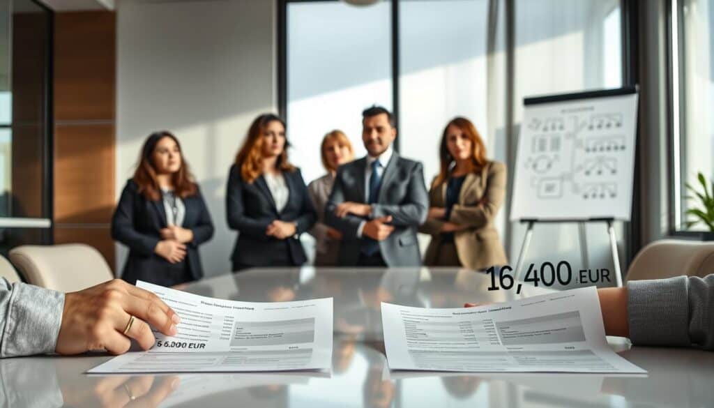 A professional, modern office environment with a focus on two contrasting insurance reports displayed on a sleek conference table. In the foreground, a close-up of hands analyzing the documents, highlighting key figures of "6,200 EUR" and "11,400 EUR." The middle ground features a diverse group of well-dressed professionals engaged in a discussion, conveying various emotions like concern and determination, depicting their expectations from insurance providers. Soft, natural lighting filters through large windows, creating an inviting atmosphere. In the background, a whiteboard filled with diagrams and notes illustrates insurance processes, enhancing the scene's context. The overall mood is serious yet proactive, reflecting the significance of fair compensation in accident claims. A professional, modern office environment with a focus on two contrasting insurance reports displayed on a sleek conference table. In the foreground, a close-up of hands analyzing the documents, highlighting key figures of "6,200 EUR" and "11,400 EUR." The middle ground features a diverse group of well-dressed professionals engaged in a discussion, conveying various emotions like concern and determination, depicting their expectations from insurance providers. Soft, natural lighting filters through large windows, creating an inviting atmosphere. In the background, a whiteboard filled with diagrams and notes illustrates insurance processes, enhancing the scene's context. The overall mood is serious yet proactive, reflecting the significance of fair compensation in accident claims.