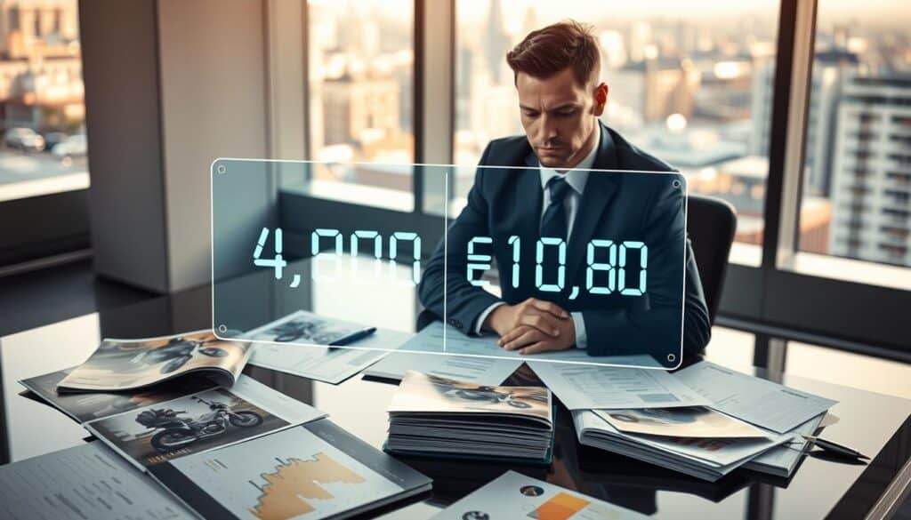 A professional motorcycle insurance assessment scene, illustrating the complexities of motorcycle insurance pricing. In the foreground, a serious-looking insurance agent in business attire is reviewing documents on a sleek office desk filled with motorcycle brochures and relevant charts. The middle layer features a transparent digital display showing contrasting figures, such as "4,900 EUR" and "10,200 EUR," enhancing the focus on insurance valuations. In the background, an office window reveals a cityscape, suggesting a bustling urban environment. Soft, natural lighting streams in, casting a warm glow across the scene, while a shallow depth of field creates a professional atmosphere. The overall mood is one of analysis and professionalism, reflecting the intricate nature of motorcycle insurance valuation challenges. A professional motorcycle insurance assessment scene, illustrating the complexities of motorcycle insurance pricing. In the foreground, a serious-looking insurance agent in business attire is reviewing documents on a sleek office desk filled with motorcycle brochures and relevant charts. The middle layer features a transparent digital display showing contrasting figures, such as "4,900 EUR" and "10,200 EUR," enhancing the focus on insurance valuations. In the background, an office window reveals a cityscape, suggesting a bustling urban environment. Soft, natural lighting streams in, casting a warm glow across the scene, while a shallow depth of field creates a professional atmosphere. The overall mood is one of analysis and professionalism, reflecting the intricate nature of motorcycle insurance valuation challenges.