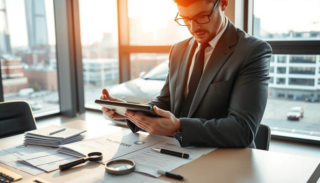 A professional office environment showcasing a confident insurance assessor analyzing damage estimates. In the foreground, a well-dressed individual, male, in a tailored suit, is examining a detailed report with a digital tablet displaying a figure of 14,200 EUR, symbolizing the MOTOEXPERT valuation. Surrounding him, a sleek, modern office filled with natural light streaming through large windows. In the middle ground, a desk cluttered with papers, a magnifying glass, and a laptop indicates thorough research and professionalism. In the background, a vibrant city skyline can be seen, representing an urban atmosphere. The overall mood is one of expertise and assurance, reflecting a high-stakes evaluation process, with soft, warm lighting to create a welcoming yet serious ambiance. A professional office environment showcasing a confident insurance assessor analyzing damage estimates. In the foreground, a well-dressed individual, male, in a tailored suit, is examining a detailed report with a digital tablet displaying a figure of 14,200 EUR, symbolizing the MOTOEXPERT valuation. Surrounding him, a sleek, modern office filled with natural light streaming through large windows. In the middle ground, a desk cluttered with papers, a magnifying glass, and a laptop indicates thorough research and professionalism. In the background, a vibrant city skyline can be seen, representing an urban atmosphere. The overall mood is one of expertise and assurance, reflecting a high-stakes evaluation process, with soft, warm lighting to create a welcoming yet serious ambiance.
