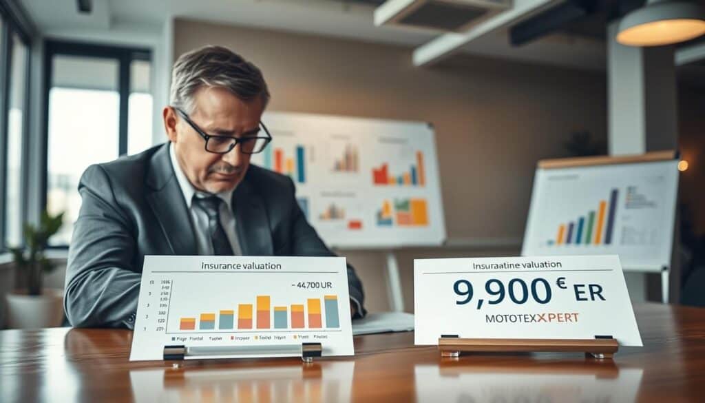 A professional office environment showcasing a financial analysis scene emphasizing the costs of insurance valuation. In the foreground, a well-dressed business analyst, a middle-aged man in a suit, closely examines two charts on a polished wooden table. One chart represents the 4,700 EUR valuation from an insurer, while the other displays the 9,900 EUR figure from MOTOEXPERT. In the middle ground, a whiteboard filled with colorful graphs and figures highlights key data points. The background features a modern office with large windows letting in soft, natural light, creating a warm and focused atmosphere. Use a shallow depth of field to keep the focus sharp on the analyst's face and the charts, while the background remains slightly blurred, emphasizing the professionalism of the scene. A professional office environment showcasing a financial analysis scene emphasizing the costs of insurance valuation. In the foreground, a well-dressed business analyst, a middle-aged man in a suit, closely examines two charts on a polished wooden table. One chart represents the 4,700 EUR valuation from an insurer, while the other displays the 9,900 EUR figure from MOTOEXPERT. In the middle ground, a whiteboard filled with colorful graphs and figures highlights key data points. The background features a modern office with large windows letting in soft, natural light, creating a warm and focused atmosphere. Use a shallow depth of field to keep the focus sharp on the analyst's face and the charts, while the background remains slightly blurred, emphasizing the professionalism of the scene.