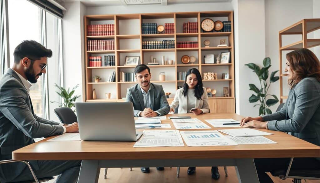 A professional office environment showcasing the theme of property insurance. In the foreground, a diverse group of three business professionals, two men and one woman, engaged in a discussion around a large table adorned with insurance documents and a laptop displaying financial graphs. In the middle, a bright, modern office with large windows allowing natural light to flood in, highlighting the focus on collaboration. The background features shelves filled with insurance books and awards, adding credibility. The scene conveys a confident and analytical atmosphere, suggesting serious deliberation over the differences between insurance valuations. Use warm, inviting lighting to create a sense of professionalism and trust. The lens should capture a wide-angle view to emphasize teamwork and engagement. A professional office environment showcasing the theme of property insurance. In the foreground, a diverse group of three business professionals, two men and one woman, engaged in a discussion around a large table adorned with insurance documents and a laptop displaying financial graphs. In the middle, a bright, modern office with large windows allowing natural light to flood in, highlighting the focus on collaboration. The background features shelves filled with insurance books and awards, adding credibility. The scene conveys a confident and analytical atmosphere, suggesting serious deliberation over the differences between insurance valuations. Use warm, inviting lighting to create a sense of professionalism and trust. The lens should capture a wide-angle view to emphasize teamwork and engagement.