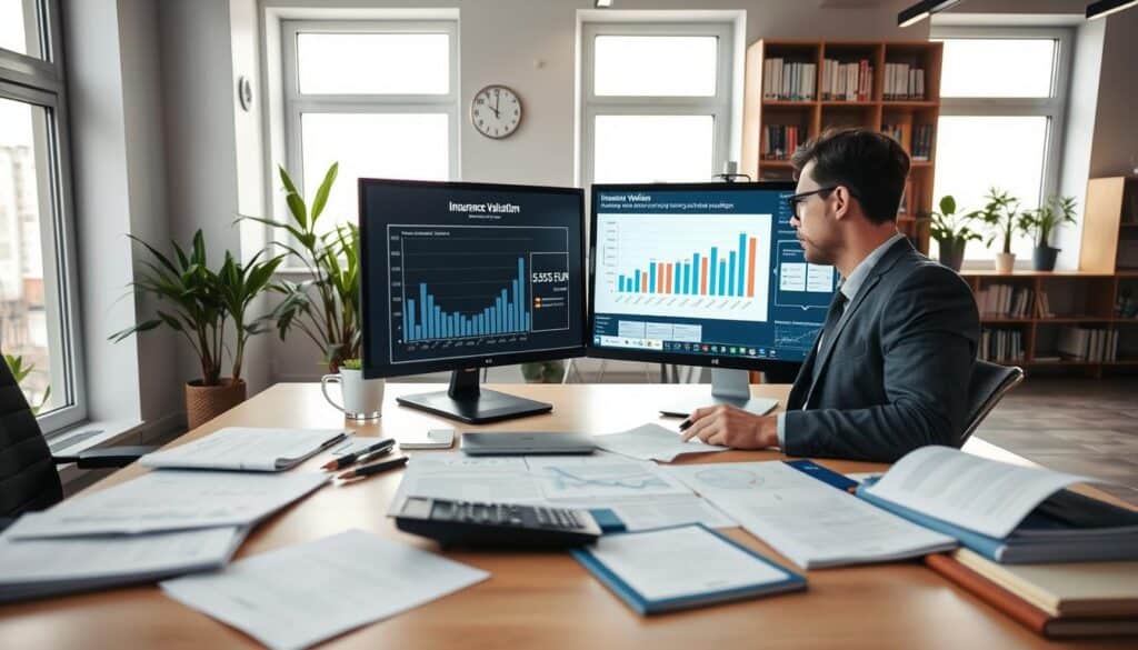 A professional office scene focused on a financial advisor analyzing insurance valuation. In the foreground, a well-dressed man in business attire sits at a modern desk filled with documents, charts, and a calculator, looking thoughtfully at a financial report. In the middle ground, a sleek computer screen displays graphs comparing two insurance valuations, emphasizing 5,555 EUR. The background features a bright, contemporary office with large windows letting in natural light, plants, and shelves filled with finance books. The mood is analytical and professional, conveying a sense of serious contemplation. Use a soft focus to highlight the advisor, with balanced lighting to create a warm yet focused atmosphere. Capture the angle from slightly above the desk, providing an overview of the scene. A professional office scene focused on a financial advisor analyzing insurance valuation. In the foreground, a well-dressed man in business attire sits at a modern desk filled with documents, charts, and a calculator, looking thoughtfully at a financial report. In the middle ground, a sleek computer screen displays graphs comparing two insurance valuations, emphasizing 5,555 EUR. The background features a bright, contemporary office with large windows letting in natural light, plants, and shelves filled with finance books. The mood is analytical and professional, conveying a sense of serious contemplation. Use a soft focus to highlight the advisor, with balanced lighting to create a warm yet focused atmosphere. Capture the angle from slightly above the desk, providing an overview of the scene.