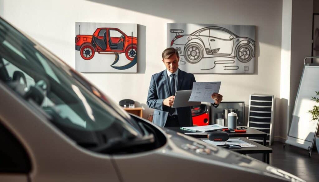 A professional office setting focused on damage assessment, with a damaged vehicle in the foreground, showcasing visible scratches and dents on the bodywork. In the middle ground, a calculating financial analyst wearing a suit is examining repair cost estimates on a laptop beside a table with repair tools and charts. Soft, natural lighting filters through a nearby window, casting gentle shadows, creating a realistic and focused atmosphere. In the background, an abstract wall art piece representing the automotive industry subtly enhances the ambiance. The overall mood is analytical and serious, emphasizing the theme of cost analysis in vehicle repairs, without any text or distractions in the scene. A professional office setting focused on damage assessment, with a damaged vehicle in the foreground, showcasing visible scratches and dents on the bodywork. In the middle ground, a calculating financial analyst wearing a suit is examining repair cost estimates on a laptop beside a table with repair tools and charts. Soft, natural lighting filters through a nearby window, casting gentle shadows, creating a realistic and focused atmosphere. In the background, an abstract wall art piece representing the automotive industry subtly enhances the ambiance. The overall mood is analytical and serious, emphasizing the theme of cost analysis in vehicle repairs, without any text or distractions in the scene.