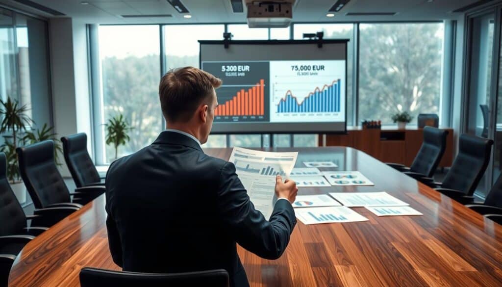 A professional office setting focused on insurance valuation methods, featuring a polished wooden conference table. In the foreground, a financial analyst in business attire reviews detailed reports, surrounded by charts and graphs that capture varying valuation figures. The middle layer shows a projector screen displaying comparative graphs, illustrating a stark contrast between two valuation estimates: 5,300 EUR and 12,000 EUR. Background elements include a modern office space with large windows allowing natural light to flood in, creating a bright and analytical atmosphere. The lighting is soft yet focused, emphasizing the serious nature of the discussion. Capture the mood of intense evaluation and professionalism, highlighting the intricacies of damage assessment methodologies used by insurers. A professional office setting focused on insurance valuation methods, featuring a polished wooden conference table. In the foreground, a financial analyst in business attire reviews detailed reports, surrounded by charts and graphs that capture varying valuation figures. The middle layer shows a projector screen displaying comparative graphs, illustrating a stark contrast between two valuation estimates: 5,300 EUR and 12,000 EUR. Background elements include a modern office space with large windows allowing natural light to flood in, creating a bright and analytical atmosphere. The lighting is soft yet focused, emphasizing the serious nature of the discussion. Capture the mood of intense evaluation and professionalism, highlighting the intricacies of damage assessment methodologies used by insurers.