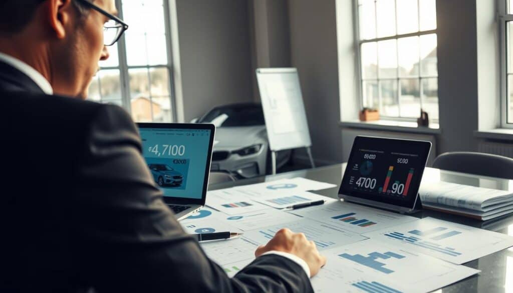 A professional office setting showcasing a vehicle valuation analysis. In the foreground, a well-dressed person in a suit, focused on a laptop screen displaying analytical data related to vehicle pricing. The middle layer features a large table scattered with documents, graphs, and charts reflecting values and comparisons of €4,700 and €9,900. In the background, large windows let in natural light, illuminating the room and adding a sense of clarity and focus. The atmosphere is serious and analytical, reflecting an environment of professional decision-making. The composition should be shot from a slightly elevated angle, offering a clear view of the table and the person’s thoughtful expressions, with soft, balanced lighting highlighting the details of the scene without distractions. A professional office setting showcasing a vehicle valuation analysis. In the foreground, a well-dressed person in a suit, focused on a laptop screen displaying analytical data related to vehicle pricing. The middle layer features a large table scattered with documents, graphs, and charts reflecting values and comparisons of €4,700 and €9,900. In the background, large windows let in natural light, illuminating the room and adding a sense of clarity and focus. The atmosphere is serious and analytical, reflecting an environment of professional decision-making. The composition should be shot from a slightly elevated angle, offering a clear view of the table and the person’s thoughtful expressions, with soft, balanced lighting highlighting the details of the scene without distractions.