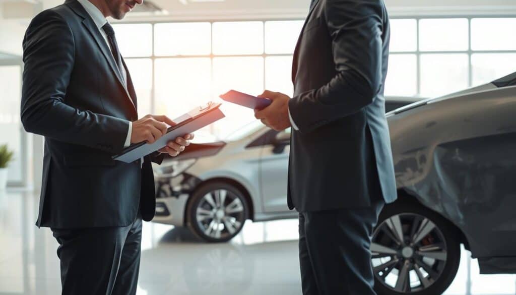 A professional setting depicting a detailed damage assessment scene. In the foreground, a business professional in a smart suit is closely examining vehicle damage, using a clipboard and a digital tablet to document findings. The middle ground features a slightly damaged car with visible scratches and dents, positioned on a clean, well-lit office space with a modern design. The background includes large windows letting in soft natural light, creating a clear contrast with the technical nature of the assessment. The atmosphere is tense yet focused, conveying the importance of accurate valuation in insurance claims. Capture the image in a slightly elevated angle to emphasize the professional's engagement with the task at hand. A professional setting depicting a detailed damage assessment scene. In the foreground, a business professional in a smart suit is closely examining vehicle damage, using a clipboard and a digital tablet to document findings. The middle ground features a slightly damaged car with visible scratches and dents, positioned on a clean, well-lit office space with a modern design. The background includes large windows letting in soft natural light, creating a clear contrast with the technical nature of the assessment. The atmosphere is tense yet focused, conveying the importance of accurate valuation in insurance claims. Capture the image in a slightly elevated angle to emphasize the professional's engagement with the task at hand.