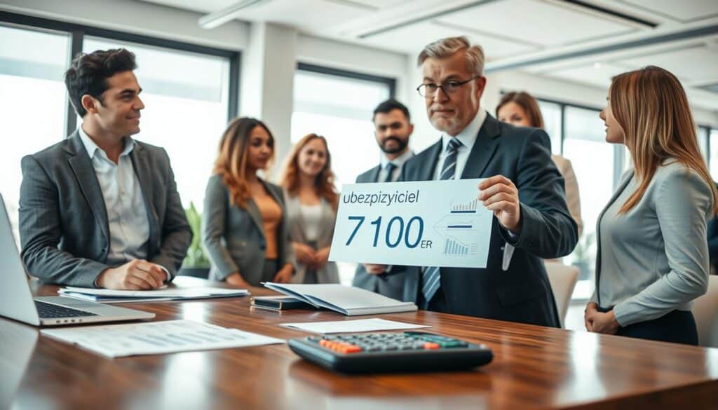 A professional setting depicting an insurance advisor discussing policies, with the emphasis on "ubezpieczyciel 7 100 EUR". In the foreground, a polished wooden desk with a laptop, financial documents, and a calculator. The middle ground features a confident, well-dressed insurance advisor, a middle-aged man, wearing a tailored suit, engaging with a diverse group of clients. The background showcases a modern office space with large windows, bright natural light streaming in. The atmosphere is serious yet collaborative, emphasizing trust and professionalism. The focus is on the advisor's presentation as he points to a visual aid that illustrates the benefits of the insurance option. The lens captures a medium shot, highlighting facial expressions and the environment. A professional setting depicting an insurance advisor discussing policies, with the emphasis on "ubezpieczyciel 7 100 EUR". In the foreground, a polished wooden desk with a laptop, financial documents, and a calculator. The middle ground features a confident, well-dressed insurance advisor, a middle-aged man, wearing a tailored suit, engaging with a diverse group of clients. The background showcases a modern office space with large windows, bright natural light streaming in. The atmosphere is serious yet collaborative, emphasizing trust and professionalism. The focus is on the advisor's presentation as he points to a visual aid that illustrates the benefits of the insurance option. The lens captures a medium shot, highlighting facial expressions and the environment.