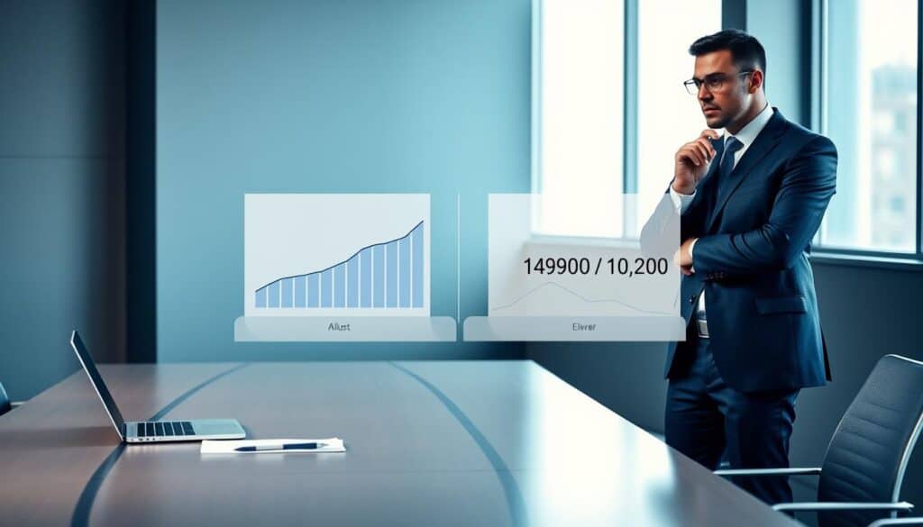 A professional setting illustrating a comparison of valuation methods for insurance, showcasing two distinct approaches side by side. In the foreground, a sleek modern conference table is equipped with a laptop, notepad, and stylus, suggesting a data-driven discussion. In the middle, two charts illustrate the differences: one graphic displays the lower valuation of 4,900 EUR, while the other features the higher 10,200 EUR valuation. The background includes a muted color palette of blues and grays, with soft lighting coming from large windows, creating an atmosphere of analysis and professionalism. A business expert, attired in a sharp suit, stands thoughtfully next to the charts, emphasizing the seriousness of the evaluation process. The scene conveys clarity, focus, and an insightful comparison. A professional setting illustrating a comparison of valuation methods for insurance, showcasing two distinct approaches side by side. In the foreground, a sleek modern conference table is equipped with a laptop, notepad, and stylus, suggesting a data-driven discussion. In the middle, two charts illustrate the differences: one graphic displays the lower valuation of 4,900 EUR, while the other features the higher 10,200 EUR valuation. The background includes a muted color palette of blues and grays, with soft lighting coming from large windows, creating an atmosphere of analysis and professionalism. A business expert, attired in a sharp suit, stands thoughtfully next to the charts, emphasizing the seriousness of the evaluation process. The scene conveys clarity, focus, and an insightful comparison.