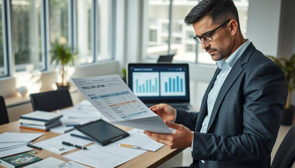 A professional setting illustrating the concept of insurance damage valuation. In the foreground, a confident insurance adjuster in business attire examines a detailed electronic document displaying figures and charts. The middle ground features a large desk cluttered with papers, a digital tablet, and a laptop showing contrasting valuation reports, symbolizing the disparity in estimates: 5,300 EUR vs. 12,000 EUR. In the background, a bright office space with large windows allowing natural light to flood in, creating a clear and focused atmosphere. The mood is serious and meticulous, emphasizing the importance of precise valuation in claims processing. Capture the scene from a slightly elevated angle to highlight the detailed work being done. A professional setting illustrating the concept of insurance damage valuation. In the foreground, a confident insurance adjuster in business attire examines a detailed electronic document displaying figures and charts. The middle ground features a large desk cluttered with papers, a digital tablet, and a laptop showing contrasting valuation reports, symbolizing the disparity in estimates: 5,300 EUR vs. 12,000 EUR. In the background, a bright office space with large windows allowing natural light to flood in, creating a clear and focused atmosphere. The mood is serious and meticulous, emphasizing the importance of precise valuation in claims processing. Capture the scene from a slightly elevated angle to highlight the detailed work being done.