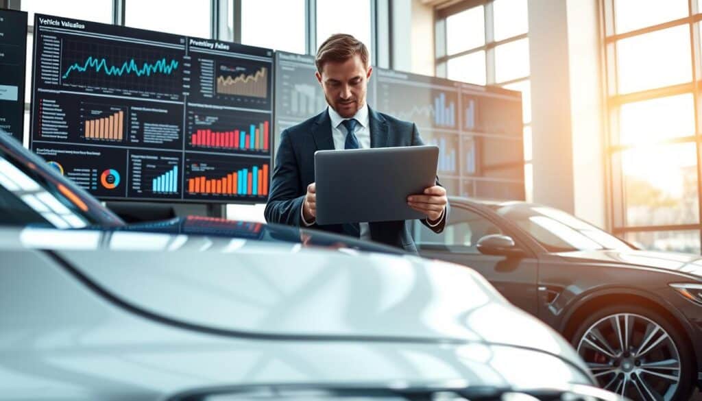A professional setting illustrating vehicle valuation. In the foreground, a detailed close-up of a car with a shiny exterior, showcasing its features like alloy wheels and sleek design. In the middle, a financial analyst dressed in smart business attire is examining a laptop, with graphs and charts about vehicle values displayed on the screen. The background features an office environment with data analytics on large screens. Bright, natural lighting spills in from large windows, creating a dynamic and optimistic atmosphere. The focus is on the intricate relationship between vehicle valuation and insurance premiums, emphasized by the analytical expressions of the analyst and the sophisticated technology surrounding them. A professional setting illustrating vehicle valuation. In the foreground, a detailed close-up of a car with a shiny exterior, showcasing its features like alloy wheels and sleek design. In the middle, a financial analyst dressed in smart business attire is examining a laptop, with graphs and charts about vehicle values displayed on the screen. The background features an office environment with data analytics on large screens. Bright, natural lighting spills in from large windows, creating a dynamic and optimistic atmosphere. The focus is on the intricate relationship between vehicle valuation and insurance premiums, emphasized by the analytical expressions of the analyst and the sophisticated technology surrounding them.