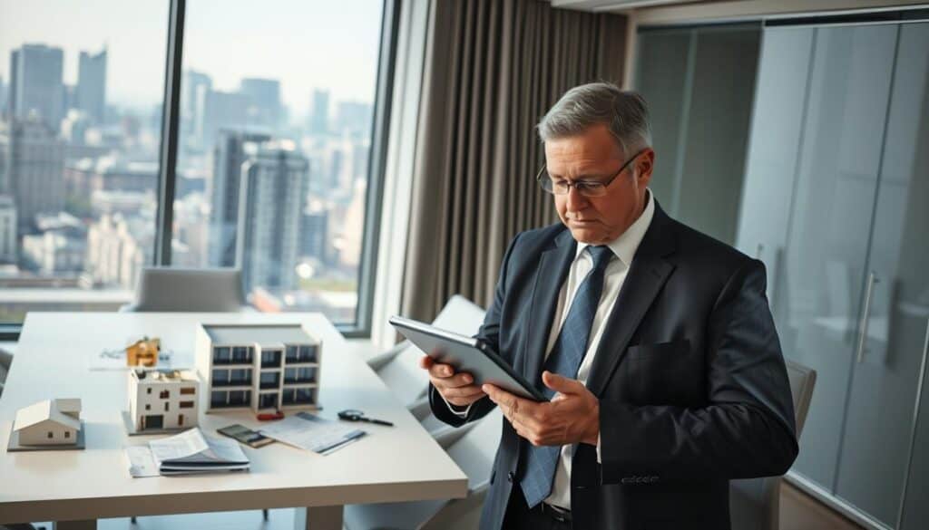 A professional setting showcasing a property valuation expert evaluating a residential building. In the foreground, a middle-aged man dressed in a smart suit is using a digital tablet to take notes, while examining the property in detail. The middle layer features a modern office with architectural models and valuation documents scattered on a sleek conference table. In the background, a well-lit window displays a cityscape, creating a bright and airy atmosphere. Soft natural light filters into the space, highlighting key areas and emphasizing the professionalism of the scene. The angle is slightly elevated, providing a comprehensive view of both the expert and the environment, conveying a mood of competence and thoroughness in real estate assessment. A professional setting showcasing a property valuation expert evaluating a residential building. In the foreground, a middle-aged man dressed in a smart suit is using a digital tablet to take notes, while examining the property in detail. The middle layer features a modern office with architectural models and valuation documents scattered on a sleek conference table. In the background, a well-lit window displays a cityscape, creating a bright and airy atmosphere. Soft natural light filters into the space, highlighting key areas and emphasizing the professionalism of the scene. The angle is slightly elevated, providing a comprehensive view of both the expert and the environment, conveying a mood of competence and thoroughness in real estate assessment.