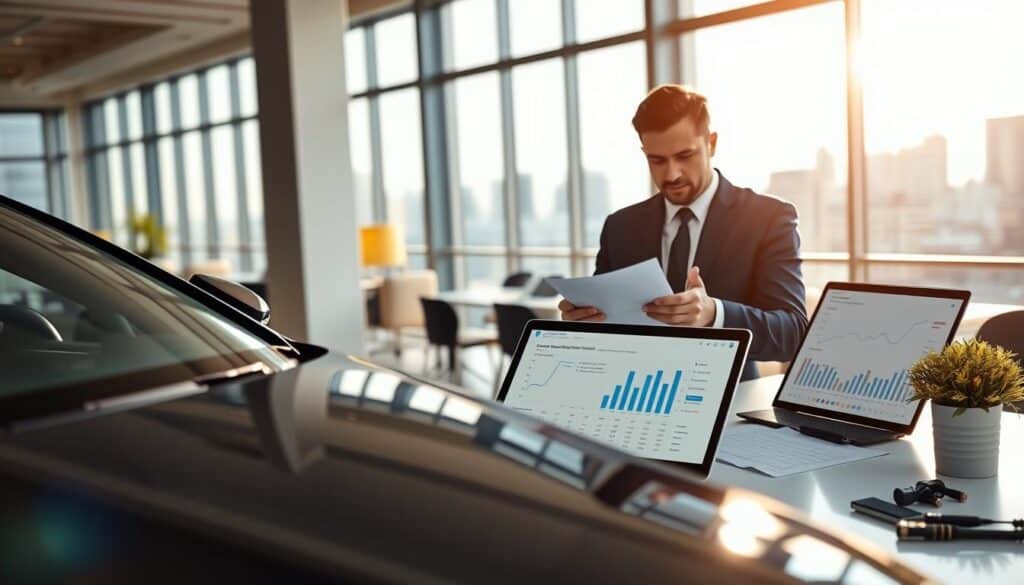 A professional setting showcasing the theme of car insurance valuation. In the foreground, a sleek, modern car parked beside a table with a laptop displaying financial charts and insurance quotes. The middle ground features a business professional in smart attire, analyzing documents with a thoughtful expression. In the background, a bright, well-lit office space with large windows revealing a city skyline. Soft sunlight filters through, creating a warm yet focused atmosphere. Use a soft focus on the background to emphasize the main subjects, captured with a slight low-angle perspective to convey importance. The color palette should be professional, with navy blues, grays, and crisp whites, reflecting a serious yet inviting mood. A professional setting showcasing the theme of car insurance valuation. In the foreground, a sleek, modern car parked beside a table with a laptop displaying financial charts and insurance quotes. The middle ground features a business professional in smart attire, analyzing documents with a thoughtful expression. In the background, a bright, well-lit office space with large windows revealing a city skyline. Soft sunlight filters through, creating a warm yet focused atmosphere. Use a soft focus on the background to emphasize the main subjects, captured with a slight low-angle perspective to convey importance. The color palette should be professional, with navy blues, grays, and crisp whites, reflecting a serious yet inviting mood.