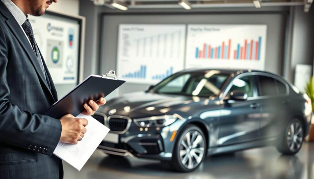 A professional vehicle appraisal scene depicting MOTOEXPERT as a leader in vehicle valuation. In the foreground, a knowledgeable appraiser in a tailored business suit carefully examines a car's specifications and documents, using a clipboard and a digital tablet. In the middle ground, a shiny, modern car is presented, showcasing its features and condition, illuminated by soft, natural lighting that highlights its sleek design. In the background, a sleek office environment with charts and graphs related to vehicle pricing strategies, suggesting expertise and professionalism. The mood is focused and analytical, capturing the essence of trust and precision that MOTOEXPERT embodies in vehicle valuations. Use a slightly elevated angle for a dynamic perspective that draws the viewer's eye to the appraiser and the car. A professional vehicle appraisal scene depicting MOTOEXPERT as a leader in vehicle valuation. In the foreground, a knowledgeable appraiser in a tailored business suit carefully examines a car's specifications and documents, using a clipboard and a digital tablet. In the middle ground, a shiny, modern car is presented, showcasing its features and condition, illuminated by soft, natural lighting that highlights its sleek design. In the background, a sleek office environment with charts and graphs related to vehicle pricing strategies, suggesting expertise and professionalism. The mood is focused and analytical, capturing the essence of trust and precision that MOTOEXPERT embodies in vehicle valuations. Use a slightly elevated angle for a dynamic perspective that draws the viewer's eye to the appraiser and the car.