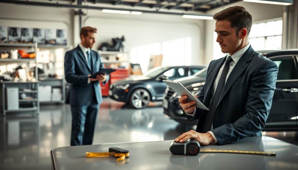 A professional vehicle appraiser, dressed in a smart business suit, is inspecting a car in a brightly lit garage. The foreground features the appraiser holding a clipboard and looking intently at the vehicle, with a few detailed tools laid out on a nearby table, such as a measuring tape and a reflective surface. In the middle, the car should be parked on a clean, polished concrete floor. The background shows shelves filled with automotive documentation and a large window letting in natural light, casting soft shadows. The atmosphere is serious and focused, reflecting the importance of accurate vehicle valuation in a professional setting, capturing a blend of diligence and expertise. A professional vehicle appraiser, dressed in a smart business suit, is inspecting a car in a brightly lit garage. The foreground features the appraiser holding a clipboard and looking intently at the vehicle, with a few detailed tools laid out on a nearby table, such as a measuring tape and a reflective surface. In the middle, the car should be parked on a clean, polished concrete floor. The background shows shelves filled with automotive documentation and a large window letting in natural light, casting soft shadows. The atmosphere is serious and focused, reflecting the importance of accurate vehicle valuation in a professional setting, capturing a blend of diligence and expertise.