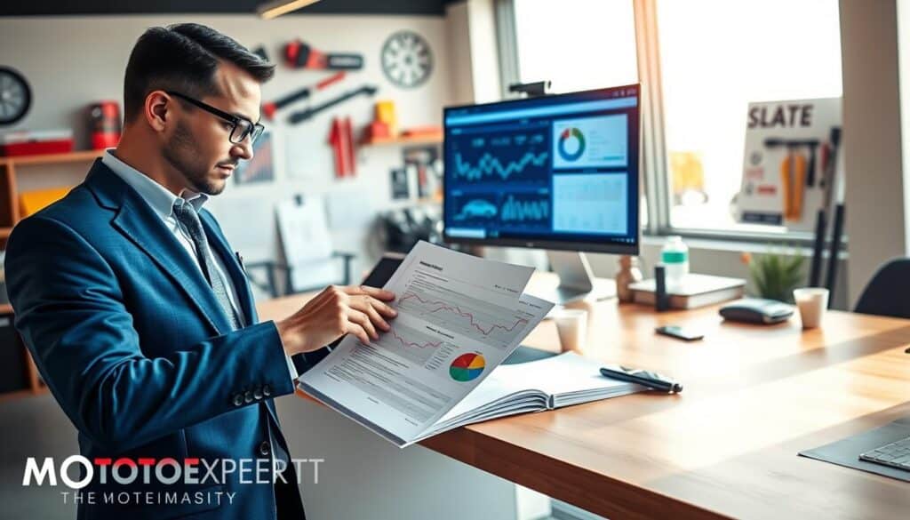 A professional vehicle appraiser from MOTOEXPERT stands confidently in a well-lit office environment, showcasing a detailed car valuation report on a sleek wooden desk. In the foreground, the appraiser, dressed in a tailored blue suit and glasses, examines the report with an analytical expression, emphasizing a sense of expertise. In the middle ground, various automotive tools and documents create a vibrant work atmosphere, while a sleek computer displays graphs and stats related to vehicle evaluations. The background features a large window with soft daylight illuminating the space, casting gentle shadows. The overall mood conveys professionalism, trust, and clarity, reflecting the choice between an insurance company and MOTOEXPERT for vehicle valuation. A professional vehicle appraiser from MOTOEXPERT stands confidently in a well-lit office environment, showcasing a detailed car valuation report on a sleek wooden desk. In the foreground, the appraiser, dressed in a tailored blue suit and glasses, examines the report with an analytical expression, emphasizing a sense of expertise. In the middle ground, various automotive tools and documents create a vibrant work atmosphere, while a sleek computer displays graphs and stats related to vehicle evaluations. The background features a large window with soft daylight illuminating the space, casting gentle shadows. The overall mood conveys professionalism, trust, and clarity, reflecting the choice between an insurance company and MOTOEXPERT for vehicle valuation.