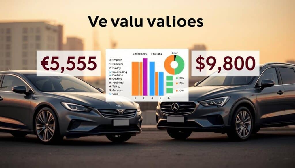 A visually appealing comparison graphic illustrating vehicle valuations, focusing on two distinct price points: €5,555 and €9,800. In the foreground, a sleek modern car and an older model are side by side, symbolizing the differing valuations. In the middle ground, a clear and concise chart or graph displays key differences in pricing, features, and conditions, with colorful bars or pie sections indicating the vast gap. The background features a subtle urban landscape with soft lighting, creating a professional and informative atmosphere. A slight depth of field effect emphasizes the vehicles and chart, capturing a sense of analysis and financial assessment. The overall mood reflects clarity and professionalism, suitable for a business article. A visually appealing comparison graphic illustrating vehicle valuations, focusing on two distinct price points: €5,555 and €9,800. In the foreground, a sleek modern car and an older model are side by side, symbolizing the differing valuations. In the middle ground, a clear and concise chart or graph displays key differences in pricing, features, and conditions, with colorful bars or pie sections indicating the vast gap. The background features a subtle urban landscape with soft lighting, creating a professional and informative atmosphere. A slight depth of field effect emphasizes the vehicles and chart, capturing a sense of analysis and financial assessment. The overall mood reflects clarity and professionalism, suitable for a business article.