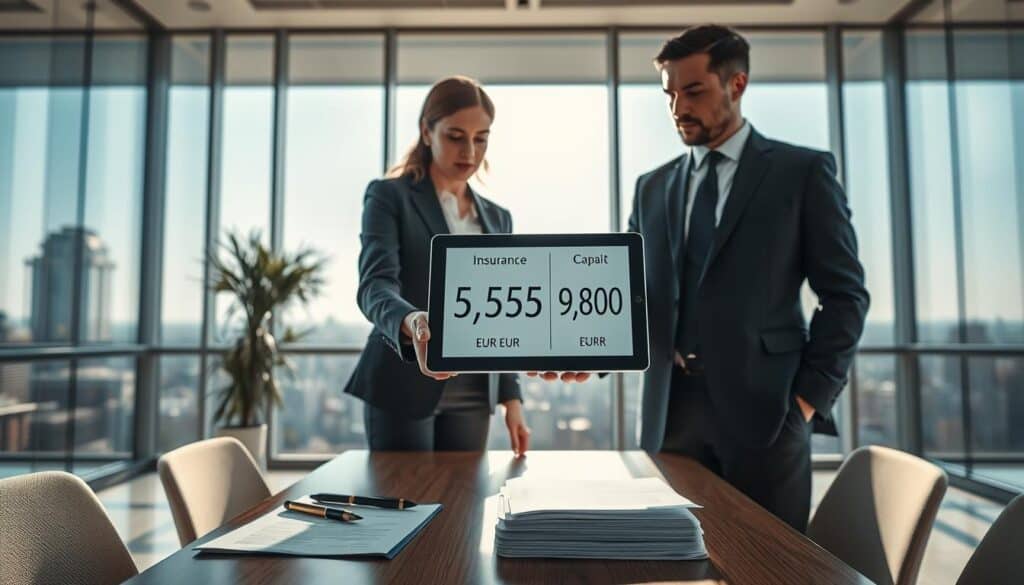 A visually compelling and informative scene depicting the concept of insurance compensation (odszkodowanie oc). In the foreground, two professional individuals are engaged in a discussion, representing an insurance agent and a client, both dressed in formal business attire. The agent is gesturing towards a digital tablet displaying insurance figures, symbolizing the contrasting valuations of 5,555 EUR and 9,800 EUR. In the middle ground, a modern office environment is showcased, featuring a desk with financial documents and a large window allowing natural light to stream in, creating a bright atmosphere. The background shows a cityscape, symbolizing the real-world impact of insurance claims. The mood is focused and professional, highlighting the importance of the appeals process in insurance valuation discrepancies. A visually compelling and informative scene depicting the concept of insurance compensation (odszkodowanie oc). In the foreground, two professional individuals are engaged in a discussion, representing an insurance agent and a client, both dressed in formal business attire. The agent is gesturing towards a digital tablet displaying insurance figures, symbolizing the contrasting valuations of 5,555 EUR and 9,800 EUR. In the middle ground, a modern office environment is showcased, featuring a desk with financial documents and a large window allowing natural light to stream in, creating a bright atmosphere. The background shows a cityscape, symbolizing the real-world impact of insurance claims. The mood is focused and professional, highlighting the importance of the appeals process in insurance valuation discrepancies.