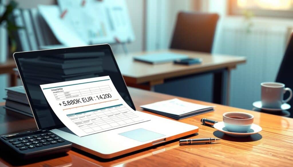 A visually engaging illustration depicting two distinct insurance quotes on a professional desk. In the foreground, a clean, open laptop displays a detailed spreadsheet with the figures: "6,800 EUR" on one line and "14,200 EUR" directly below it, highlighted by soft backlighting. Beside the laptop, a neatly organized stack of papers and a calculator, reflecting a meticulous work environment. In the middle ground, a polished wooden desk with a stylish pen and a cup of coffee, evoking a sense of focused analysis. The background features blurred documents and a softly lit office space, creating a serene yet professional atmosphere. The overall mood is analytical and informative, suitable for an article on practical examples of insurance valuations, with no text or branding elements evident in the image. A visually engaging illustration depicting two distinct insurance quotes on a professional desk. In the foreground, a clean, open laptop displays a detailed spreadsheet with the figures: "6,800 EUR" on one line and "14,200 EUR" directly below it, highlighted by soft backlighting. Beside the laptop, a neatly organized stack of papers and a calculator, reflecting a meticulous work environment. In the middle ground, a polished wooden desk with a stylish pen and a cup of coffee, evoking a sense of focused analysis. The background features blurred documents and a softly lit office space, creating a serene yet professional atmosphere. The overall mood is analytical and informative, suitable for an article on practical examples of insurance valuations, with no text or branding elements evident in the image.
