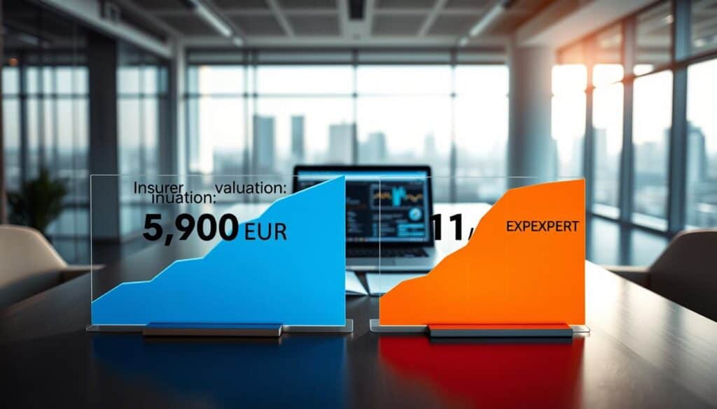 A visually striking comparison image illustrating two car insurance valuation charts. In the foreground, two distinct graphs stand side by side: one labeled "Insurer Valuation: 5,900 EUR" in shades of blue, and the other "MOTOEXPERT: 11,800 EUR" in vibrant orange. The middle ground features a sleek desk with professional business documents and a laptop displaying analytical data. The background shows a modern office environment bathed in soft natural light, with large windows revealing a cityscape. The mood is analytical and professional, emphasizing clarity and precision. The camera angle is slightly above the desk, capturing both graphs and documents in a clean, organized layout, emphasizing the contrast between the two valuations while maintaining a polished and professional appearance. A visually striking comparison image illustrating two car insurance valuation charts. In the foreground, two distinct graphs stand side by side: one labeled "Insurer Valuation: 5,900 EUR" in shades of blue, and the other "MOTOEXPERT: 11,800 EUR" in vibrant orange. The middle ground features a sleek desk with professional business documents and a laptop displaying analytical data. The background shows a modern office environment bathed in soft natural light, with large windows revealing a cityscape. The mood is analytical and professional, emphasizing clarity and precision. The camera angle is slightly above the desk, capturing both graphs and documents in a clean, organized layout, emphasizing the contrast between the two valuations while maintaining a polished and professional appearance.