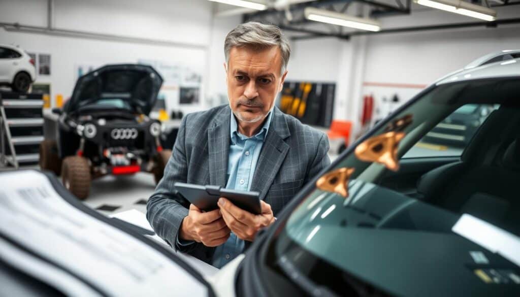 An experienced automotive expert, dressed in a professional suit, examines a car with a comprehensive inspection tool in hand. The expert, a middle-aged Caucasian male, is positioned in the foreground, intently reviewing the vehicle's details, which includes visible dents and scratches, emphasizing the appraisal process. In the middle ground, a well-organized workspace with blueprints, charts, and automotive parts is visible, reflecting meticulous attention to detail. The background shows a clean, modern garage with tools neatly displayed, conveying a professional atmosphere. Soft, diffused lighting highlights the expert's focused expression while casting gentle shadows, creating a serious yet approachable mood. A wide-angle view captures the entire scene, emphasizing the significance of an expert in the valuation process. An experienced automotive expert, dressed in a professional suit, examines a car with a comprehensive inspection tool in hand. The expert, a middle-aged Caucasian male, is positioned in the foreground, intently reviewing the vehicle's details, which includes visible dents and scratches, emphasizing the appraisal process. In the middle ground, a well-organized workspace with blueprints, charts, and automotive parts is visible, reflecting meticulous attention to detail. The background shows a clean, modern garage with tools neatly displayed, conveying a professional atmosphere. Soft, diffused lighting highlights the expert's focused expression while casting gentle shadows, creating a serious yet approachable mood. A wide-angle view captures the entire scene, emphasizing the significance of an expert in the valuation process.