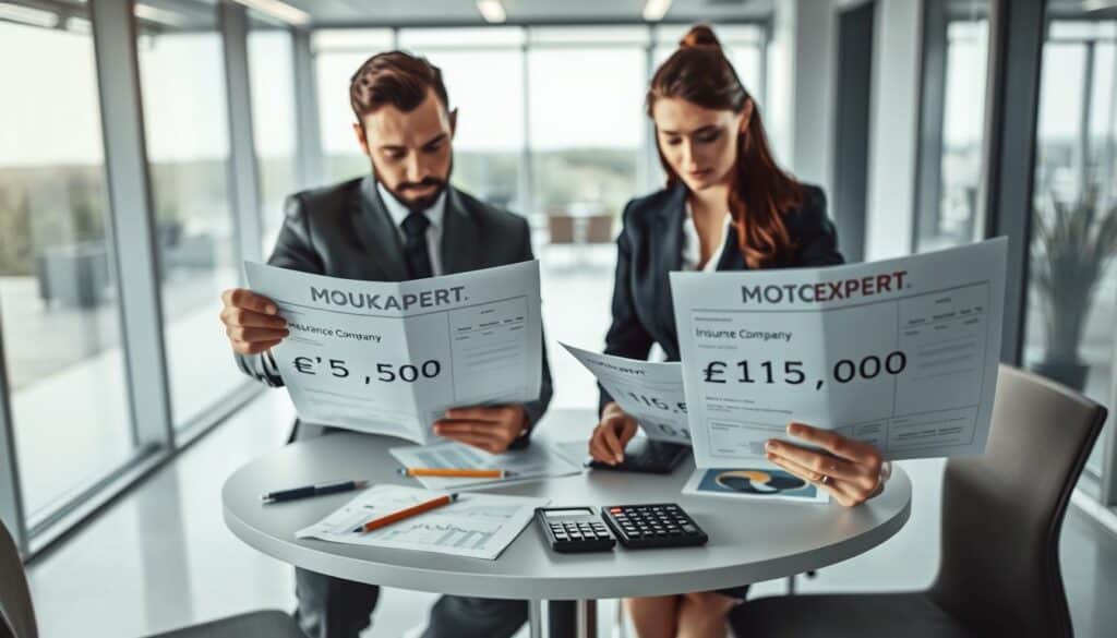 Create an image illustrating the comparison of insurance appraisals, featuring two professionals analyzing documents in a modern office setting. In the foreground, showcase a male and female appraiser in professional business attire, examining contrasting evaluation reports: one labeled ‘Insurance Company €7,500’ and the other ‘MOTOEXPERT €15,000’. In the middle ground, include a round conference table scattered with charts, pencils, and calculators, highlighting the key differences. The background should depict a sleek office with large windows letting in soft, natural light, creating an atmosphere of analytical focus. Use a slightly elevated angle to capture the intensity of their discussion while ensuring clarity in their expressions and the documents. The overall mood should convey professionalism and critical analysis. Create an image illustrating the comparison of insurance appraisals, featuring two professionals analyzing documents in a modern office setting. In the foreground, showcase a male and female appraiser in professional business attire, examining contrasting evaluation reports: one labeled ‘Insurance Company €7,500’ and the other ‘MOTOEXPERT €15,000’. In the middle ground, include a round conference table scattered with charts, pencils, and calculators, highlighting the key differences. The background should depict a sleek office with large windows letting in soft, natural light, creating an atmosphere of analytical focus. Use a slightly elevated angle to capture the intensity of their discussion while ensuring clarity in their expressions and the documents. The overall mood should convey professionalism and critical analysis.