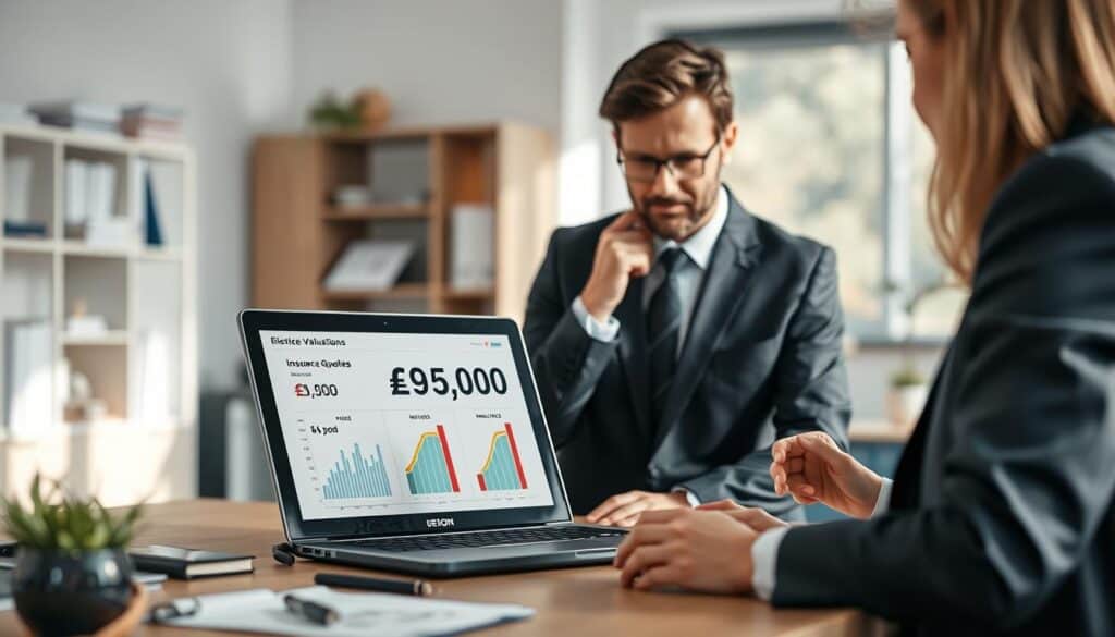 A clear, engaging composition illustrating the impact of insurance valuations on customer decisions. In the foreground, depict a professional financial advisor in a smart business suit, engaged in a discussion with a thoughtful client, both looking at a laptop displaying contrasting insurance quotes. In the middle ground, include visual elements like charts and graphs showing the price differences of Euro 4,900 and Euro 10,200 prominently. In the background, a blurred office setting with shelves of insurance-related materials and a window allowing natural light to filter in, casting soft shadows. Use a medium depth of field to focus on the interaction while the background remains subtle. Create an atmosphere of professionalism and critical decision-making, emphasizing trust and clarity. A clear, engaging composition illustrating the impact of insurance valuations on customer decisions. In the foreground, depict a professional financial advisor in a smart business suit, engaged in a discussion with a thoughtful client, both looking at a laptop displaying contrasting insurance quotes. In the middle ground, include visual elements like charts and graphs showing the price differences of Euro 4,900 and Euro 10,200 prominently. In the background, a blurred office setting with shelves of insurance-related materials and a window allowing natural light to filter in, casting soft shadows. Use a medium depth of field to focus on the interaction while the background remains subtle. Create an atmosphere of professionalism and critical decision-making, emphasizing trust and clarity.