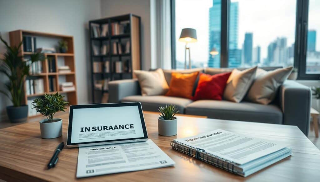 A comfortable and inviting living room scene, focused on a well-furnished apartment illustrating home insurance concepts. In the foreground, a modern coffee table with an open laptop displaying insurance documents beside a small potted plant. In the middle, a cozy couch adorned with soft cushions, alongside a bookshelf filled with insurance books and a warm lamp casting soft light. The background features a large window letting in natural daylight and revealing an urban skyline. The overall atmosphere is professional yet relaxed, reflecting the importance of home insurance in a contemporary setting. A well-balanced composition with a focus on clarity and detail, capturing an essence of security and financial understanding. A comfortable and inviting living room scene, focused on a well-furnished apartment illustrating home insurance concepts. In the foreground, a modern coffee table with an open laptop displaying insurance documents beside a small potted plant. In the middle, a cozy couch adorned with soft cushions, alongside a bookshelf filled with insurance books and a warm lamp casting soft light. The background features a large window letting in natural daylight and revealing an urban skyline. The overall atmosphere is professional yet relaxed, reflecting the importance of home insurance in a contemporary setting. A well-balanced composition with a focus on clarity and detail, capturing an essence of security and financial understanding.