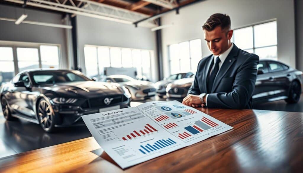 A confident and professional automotive appraiser stands in a brightly lit office filled with car valuation tools and documents. The foreground features a sleek car parked prominently, showcasing its details. In the middle ground, a detailed valuation report lies open on a polished wooden desk, with graphs and figures illustrating the evaluation process. The background includes a large window allowing natural light to stream in, casting soft shadows across the scene. The appraiser, dressed in a smart business suit, intently examines the report, embodying the thoroughness and expertise of the MOTOEXPERT brand. The overall atmosphere is one of professionalism and reliability, with high contrast lighting highlighting the important elements of the valuation process. A confident and professional automotive appraiser stands in a brightly lit office filled with car valuation tools and documents. The foreground features a sleek car parked prominently, showcasing its details. In the middle ground, a detailed valuation report lies open on a polished wooden desk, with graphs and figures illustrating the evaluation process. The background includes a large window allowing natural light to stream in, casting soft shadows across the scene. The appraiser, dressed in a smart business suit, intently examines the report, embodying the thoroughness and expertise of the MOTOEXPERT brand. The overall atmosphere is one of professionalism and reliability, with high contrast lighting highlighting the important elements of the valuation process.
