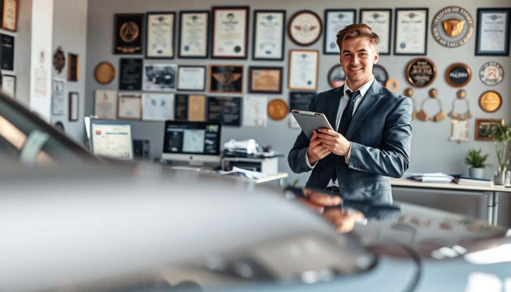 A confident automotive expert, dressed in professional business attire, stands in an auto appraisal office, analyzing a sleek car with a clipboard in hand. The expert has short brown hair, focused eyes, and a friendly yet serious expression. In the foreground, a high-quality car with a shiny finish is partially visible, showcasing details such as chrome accents and alloy wheels. In the middle ground, there's a large desk cluttered with appraisal documents and a computer displaying data. The background features a wall adorned with certificates and automotive awards, conveying credibility. Soft, natural lighting streams through a nearby window, creating a warm, professional atmosphere. The angle captures both the expert and the car, emphasizing attention to detail in vehicle valuation. A confident automotive expert, dressed in professional business attire, stands in an auto appraisal office, analyzing a sleek car with a clipboard in hand. The expert has short brown hair, focused eyes, and a friendly yet serious expression. In the foreground, a high-quality car with a shiny finish is partially visible, showcasing details such as chrome accents and alloy wheels. In the middle ground, there's a large desk cluttered with appraisal documents and a computer displaying data. The background features a wall adorned with certificates and automotive awards, conveying credibility. Soft, natural lighting streams through a nearby window, creating a warm, professional atmosphere. The angle captures both the expert and the car, emphasizing attention to detail in vehicle valuation.