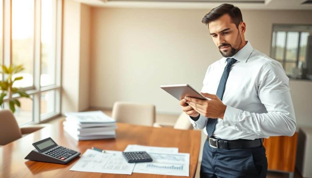 A confident insurance agent, dressed in professional business attire, stands in the foreground, analyzing financial reports on a digital tablet. In the middle ground, a stack of insurance policy documents and a large calculator sit on an elegant wooden desk, symbolizing the complexity of insurance valuation. The background features a contemporary office setting with large windows, allowing natural light to flood the space, creating a warm and inviting atmosphere. The agent's expression reflects determination and focus, capturing the essence of understanding the role of an insurer. The lighting is bright and even, emphasizing clarity and professionalism, while the angle is slightly elevated to convey an authoritative perspective on the subject matter. A confident insurance agent, dressed in professional business attire, stands in the foreground, analyzing financial reports on a digital tablet. In the middle ground, a stack of insurance policy documents and a large calculator sit on an elegant wooden desk, symbolizing the complexity of insurance valuation. The background features a contemporary office setting with large windows, allowing natural light to flood the space, creating a warm and inviting atmosphere. The agent's expression reflects determination and focus, capturing the essence of understanding the role of an insurer. The lighting is bright and even, emphasizing clarity and professionalism, while the angle is slightly elevated to convey an authoritative perspective on the subject matter.