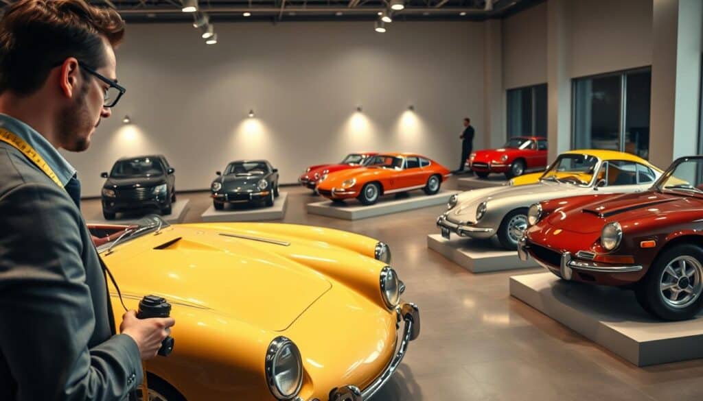 A detailed scene focusing on the valuation of classic vehicles, highlighting a diverse range of exquisite classic cars in pristine condition. In the foreground, a classic car expert in professional business attire inspects a vintage sports car, using tools like a measuring tape and a digital camera to assess its condition. In the middle, a diverse lineup of classic cars, including a 1960s Mustang, a vintage Jaguar, and a classic Porsche, each displayed on pedestals with spotlights accentuating their curves and detailing. The background features a sleek, modern automotive showroom with soft, diffused lighting that creates an elegant atmosphere. The overall mood conveys professionalism and enthusiasm, inviting viewers to appreciate the art and intricacies of classic car valuation. No text overlays or logos are present, ensuring a clean, focused image. A detailed scene focusing on the valuation of classic vehicles, highlighting a diverse range of exquisite classic cars in pristine condition. In the foreground, a classic car expert in professional business attire inspects a vintage sports car, using tools like a measuring tape and a digital camera to assess its condition. In the middle, a diverse lineup of classic cars, including a 1960s Mustang, a vintage Jaguar, and a classic Porsche, each displayed on pedestals with spotlights accentuating their curves and detailing. The background features a sleek, modern automotive showroom with soft, diffused lighting that creates an elegant atmosphere. The overall mood conveys professionalism and enthusiasm, inviting viewers to appreciate the art and intricacies of classic car valuation. No text overlays or logos are present, ensuring a clean, focused image.