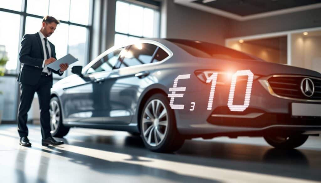 A detailed scene illustrating vehicle insurance valuation. In the foreground, a professional, dressed in business attire, is analyzing a car’s condition, using a clipboard and taking notes. The vehicle, a modern sedan, is parked on a clean surface with the sun reflecting on its polished exterior. In the middle ground, a contrasting digital display shows two different valuation figures: €4,900 and €10,200, symbolizing the differences in insurance assessments. The background features a softly blurred office setting with a window letting in natural light, creating an atmosphere of seriousness and professionalism. The lighting is soft yet clear, giving the scene an organized and informative look, captured with a slight tilt angle to enhance depth. A detailed scene illustrating vehicle insurance valuation. In the foreground, a professional, dressed in business attire, is analyzing a car’s condition, using a clipboard and taking notes. The vehicle, a modern sedan, is parked on a clean surface with the sun reflecting on its polished exterior. In the middle ground, a contrasting digital display shows two different valuation figures: €4,900 and €10,200, symbolizing the differences in insurance assessments. The background features a softly blurred office setting with a window letting in natural light, creating an atmosphere of seriousness and professionalism. The lighting is soft yet clear, giving the scene an organized and informative look, captured with a slight tilt angle to enhance depth.