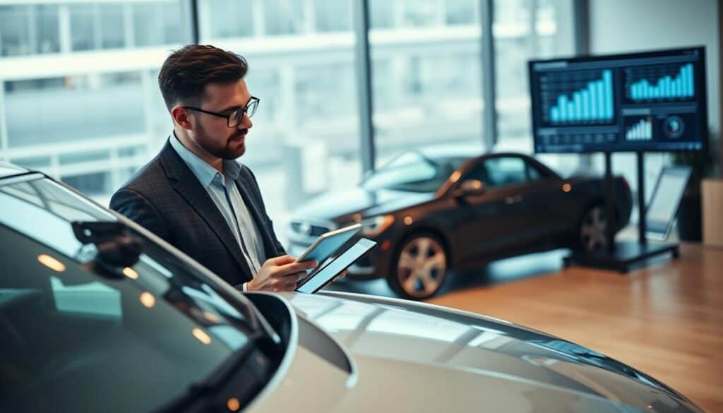 A detailed scene of a professional vehicle appraisal setting in an office environment. In the foreground, a business professional in smart attire examines a car's value on a digital tablet, showing focused concentration. The middle ground features a sleek, modern vehicle, parked in front of a large window, reflecting natural light, with car valuation charts and graphs displayed on a screen in the background. The atmosphere is one of professionalism and analytical discussion, with soft, warm lighting creating an inviting mood. The image captures the essence of understanding vehicle market value through an expert's lens. A detailed scene of a professional vehicle appraisal setting in an office environment. In the foreground, a business professional in smart attire examines a car's value on a digital tablet, showing focused concentration. The middle ground features a sleek, modern vehicle, parked in front of a large window, reflecting natural light, with car valuation charts and graphs displayed on a screen in the background. The atmosphere is one of professionalism and analytical discussion, with soft, warm lighting creating an inviting mood. The image captures the essence of understanding vehicle market value through an expert's lens.