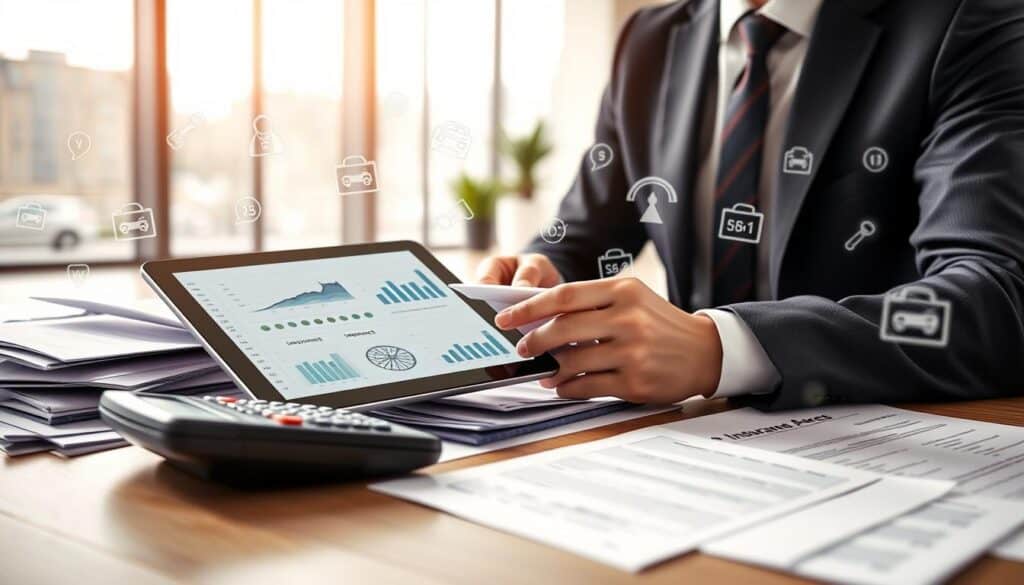 A detailed visual representation of a car insurance cost analysis. In the foreground, a professional businessperson dressed in smart attire is reviewing documents and charts displayed on a modern tablet. The middle ground features a desk cluttered with various insurance paperwork, notes, and a calculator, illustrating the complexity of the insurance evaluation process. In the background, a sleek, modern office environment with large windows lets in soft, natural light, creating a vibrant and focused atmosphere. Subtle hints of car insurance elements like policy icons and numerical figures float in a semi-transparent overlay, signifying the intricacies of pricing. The scene conveys a serious, analytical mood, reflecting the intense scrutiny of car insurance costs. A detailed visual representation of a car insurance cost analysis. In the foreground, a professional businessperson dressed in smart attire is reviewing documents and charts displayed on a modern tablet. The middle ground features a desk cluttered with various insurance paperwork, notes, and a calculator, illustrating the complexity of the insurance evaluation process. In the background, a sleek, modern office environment with large windows lets in soft, natural light, creating a vibrant and focused atmosphere. Subtle hints of car insurance elements like policy icons and numerical figures float in a semi-transparent overlay, signifying the intricacies of pricing. The scene conveys a serious, analytical mood, reflecting the intense scrutiny of car insurance costs.