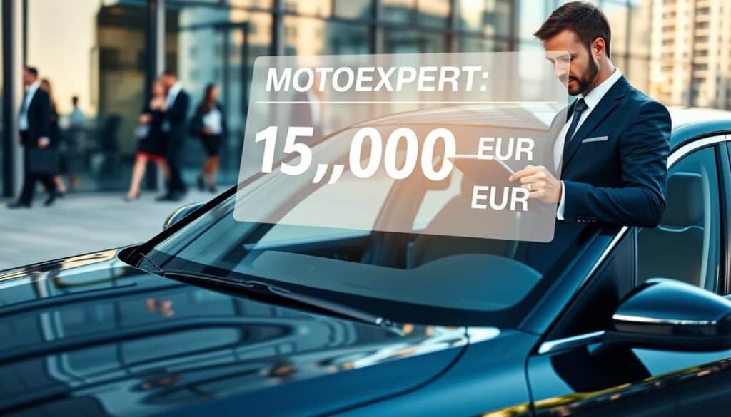 A detailed visual representation of car insurance, prominently featuring a sleek, modern car parked outside a professional office building. In the foreground, a business professional in a sharp suit, looking at a digital tablet, analyzing insurance quotes. The middle ground showcases a large, transparent graphical display with insurance cost comparisons, highlighting "MOTOEXPERT: 15,000 EUR" prominently. Incorporate bright, natural lighting to evoke a sense of clarity and trust, with reflections showcasing the car's shiny surface. In the background, blurred images of city life and office workers convey a bustling atmosphere of professionalism and industry, suggesting a focus on financial stability and expert advice in the field of auto insurance. A detailed visual representation of car insurance, prominently featuring a sleek, modern car parked outside a professional office building. In the foreground, a business professional in a sharp suit, looking at a digital tablet, analyzing insurance quotes. The middle ground showcases a large, transparent graphical display with insurance cost comparisons, highlighting "MOTOEXPERT: 15,000 EUR" prominently. Incorporate bright, natural lighting to evoke a sense of clarity and trust, with reflections showcasing the car's shiny surface. In the background, blurred images of city life and office workers convey a bustling atmosphere of professionalism and industry, suggesting a focus on financial stability and expert advice in the field of auto insurance.