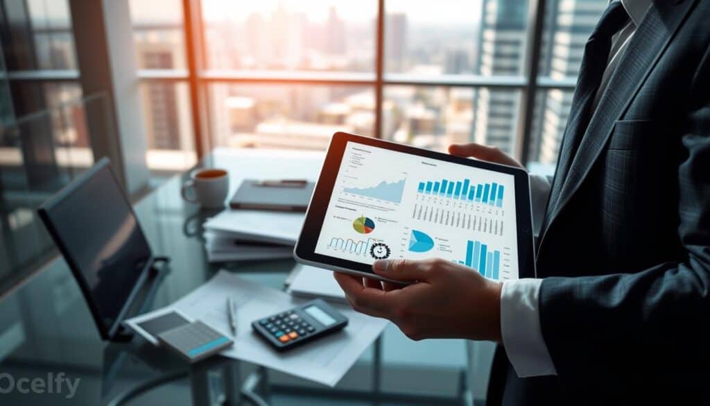 A dynamic composition illustrating the concept of "ubezpieczenia OC" (liability insurance) in a professional context. In the foreground, a business professional in formal attire is analyzing a digital tablet filled with statistics and graphs related to insurance pricing. The middle layer features an office desk with insurance documents scattered, a calculator, and a cup of coffee, symbolizing serious deliberation. In the background, a modern office environment with large windows and cityscape views conveys a sense of professionalism and authority. The lighting is bright and natural, highlighting the intensity of the analysis, while the overall atmosphere is focused and analytical, suitable for expert opinions on insurance. A dynamic composition illustrating the concept of "ubezpieczenia OC" (liability insurance) in a professional context. In the foreground, a business professional in formal attire is analyzing a digital tablet filled with statistics and graphs related to insurance pricing. The middle layer features an office desk with insurance documents scattered, a calculator, and a cup of coffee, symbolizing serious deliberation. In the background, a modern office environment with large windows and cityscape views conveys a sense of professionalism and authority. The lighting is bright and natural, highlighting the intensity of the analysis, while the overall atmosphere is focused and analytical, suitable for expert opinions on insurance.