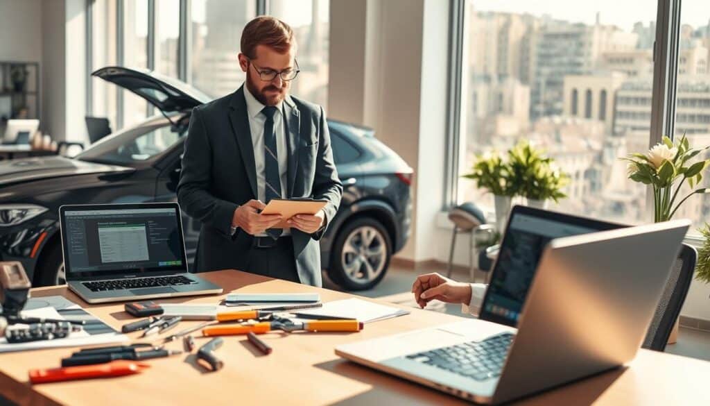 A meticulously organized office scene featuring a professional MOTOEXPERT appraiser analyzing a vehicle. In the foreground, the appraiser, dressed in smart business attire, examines the condition of a car with a clipboard and a digital measuring device. The middle ground includes various tools and equipment neatly arranged on a desk, alongside a laptop displaying vehicle valuation software. The background showcases a large window allowing natural light to flood the space, casting soft shadows that create an inviting atmosphere. The overall mood is focused and analytical, capturing the essence of thorough evaluations and a commitment to precision in insurance assessments. The scene is well-lit with daylight, creating a sense of professionalism. A meticulously organized office scene featuring a professional MOTOEXPERT appraiser analyzing a vehicle. In the foreground, the appraiser, dressed in smart business attire, examines the condition of a car with a clipboard and a digital measuring device. The middle ground includes various tools and equipment neatly arranged on a desk, alongside a laptop displaying vehicle valuation software. The background showcases a large window allowing natural light to flood the space, casting soft shadows that create an inviting atmosphere. The overall mood is focused and analytical, capturing the essence of thorough evaluations and a commitment to precision in insurance assessments. The scene is well-lit with daylight, creating a sense of professionalism.